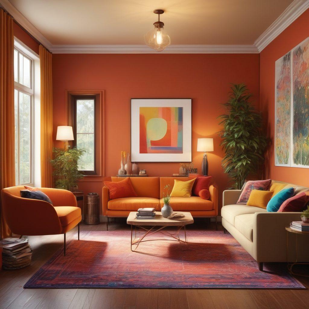 A beautifully styled interior showcasing the journey from concept sketches to a fully completed room, featuring design tools like measuring tapes and color swatches beside vibrant decor elements. Include a side panel displaying before-and-after images of the space transformation. Warm lighting enhances the inviting atmosphere, reflecting creativity and design passion. super-realistic. vibrant colors. 3D.