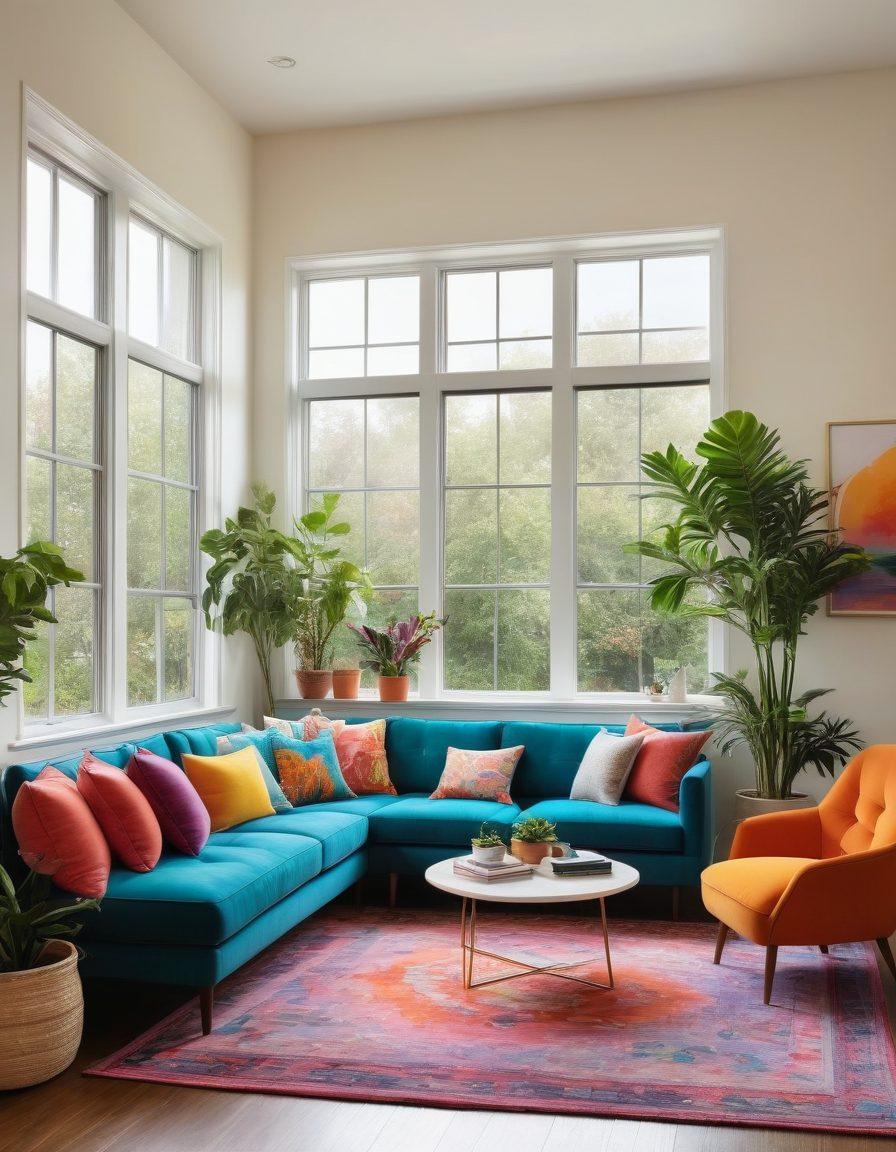 A beautifully renovated living room that radiates joy, showcasing vibrant colors and modern design elements, with natural light streaming through large windows. Include a cozy seating area adorned with colorful cushions, lush indoor plants, and cheerful artwork on the walls. Create an inviting atmosphere with subtle hints of renovation tools artistically placed around, symbolizing the journey of transformation. super-realistic. vibrant colors. airy and bright.
