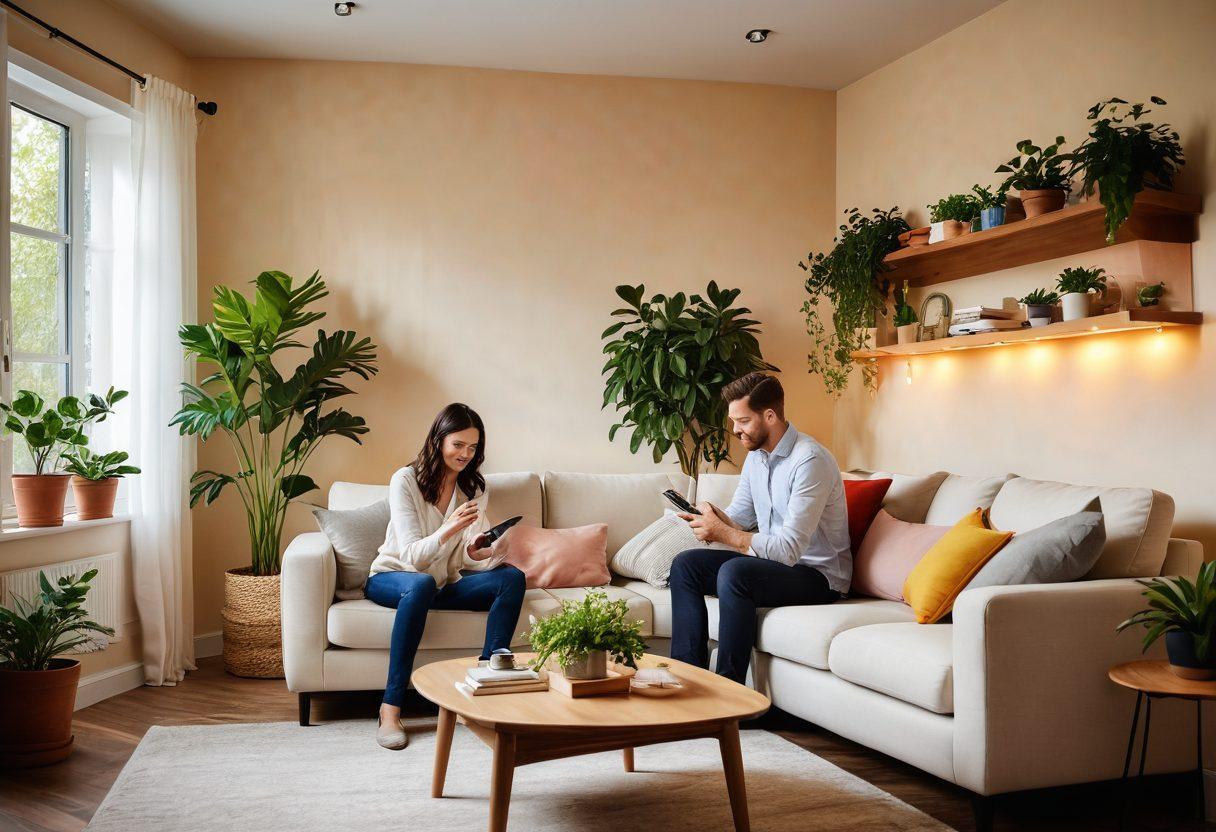 A cozy and modern living room with warm lighting, featuring a stylish sofa, decorative plants, and home improvement tools subtly integrated into the decor. An expert home service provider, wearing a uniform, is demonstrating a smart home gadget to a couple looking impressed and engaged. The atmosphere should exude comfort, innovation, and expertise. super-realistic. vibrant colors. cozy ambiance.